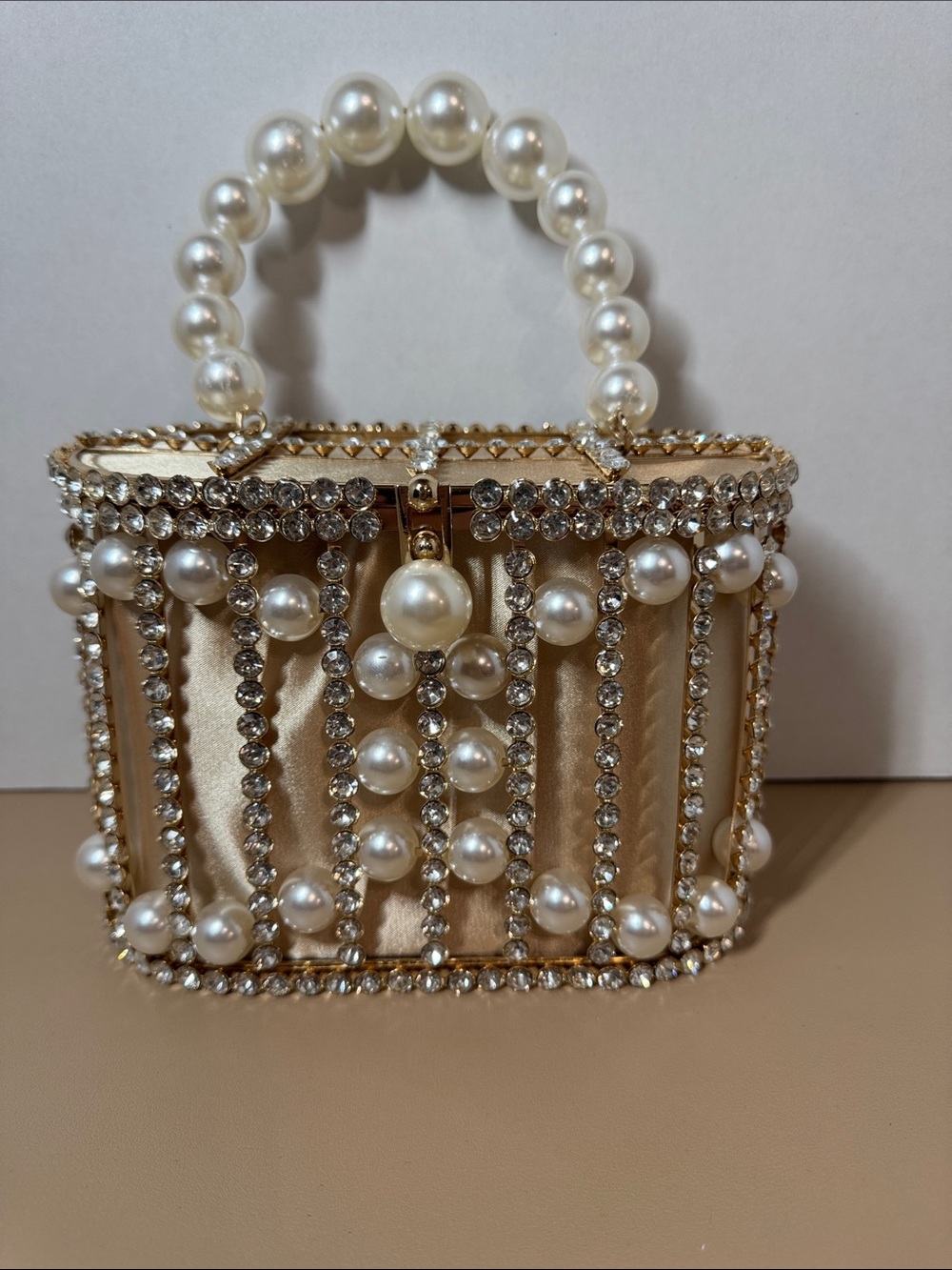 Pearl & Crystal Embellished Satin Evening Clutch with chain shoulder strap- Gold